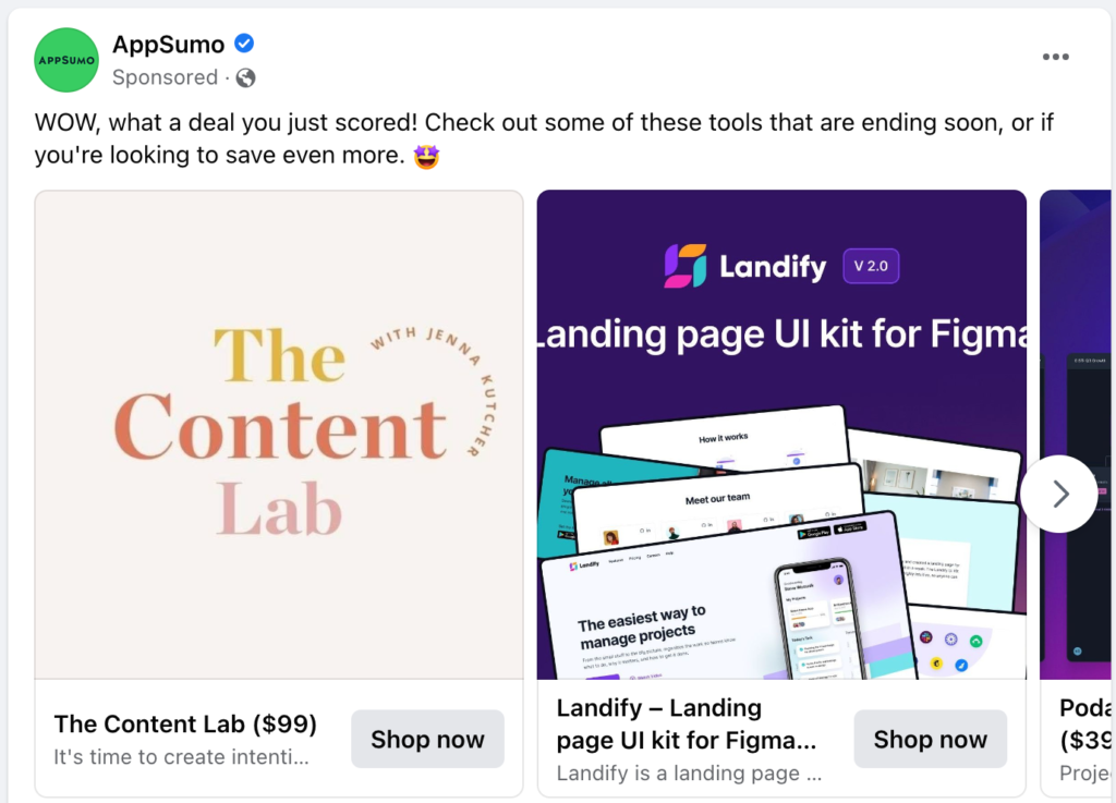 AppSumo saas facebook carousel ads example
