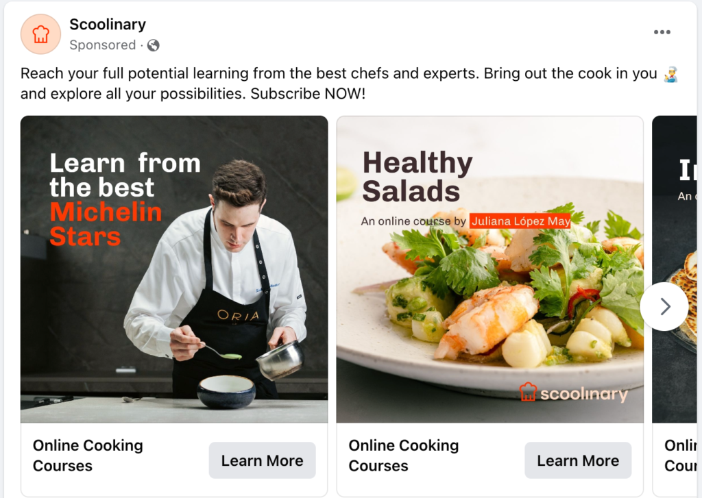 scoolinary info products facebook carousel ad example